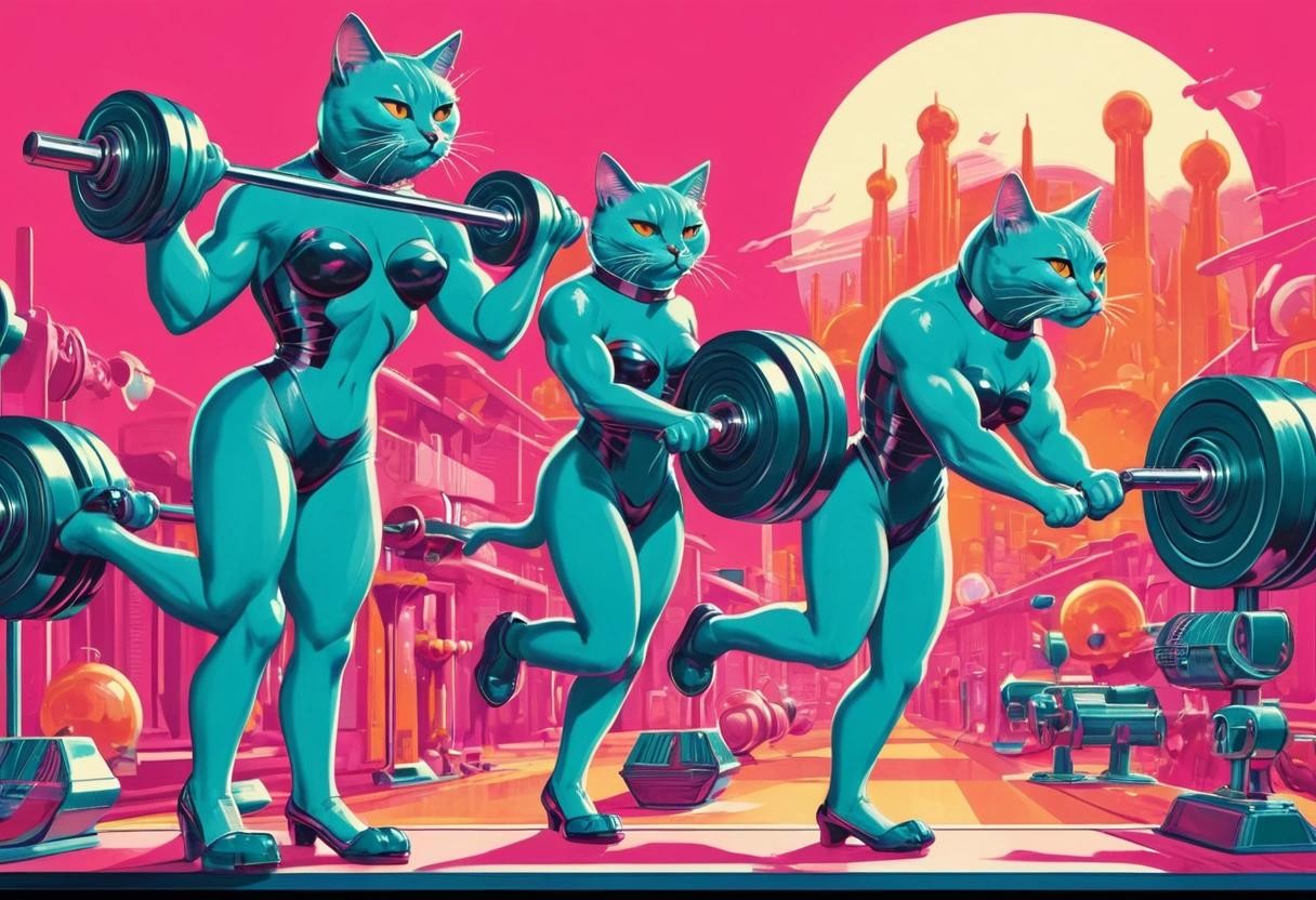 Image with seed 4035812535 generated via Stable Diffusion through @stablehorde@sigmoid.social. Prompt: retro-futuristic cats lifting weights  . vintage sci-fi, 50s and 60s style, atomic age, vibrant, highly detailed###, contemporary, realistic, rustic, primitive