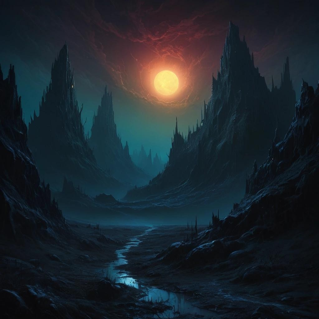 Image with seed 297100973 generated via Stable Diffusion through @stablehorde@sigmoid.social. Prompt: highly detailed digital painting of a beautiful night , highly realistic fantasy concept art by Darek Zabrocki and Zdzisław Beksiński, paint strokes, intricate, eerie scenery, dark volumetric lighting, triadic color scheme, very coherent, sharp focus, illustration, film grain, spooky vibe