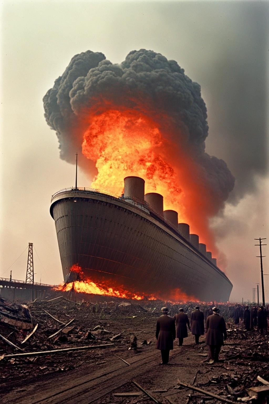 Image with seed 2611498357 generated via Stable Diffusion through @stablehorde@sigmoid.social. Prompt: a colorized version of the hindenburg disaster in a dystopic and highly stylistic manner.