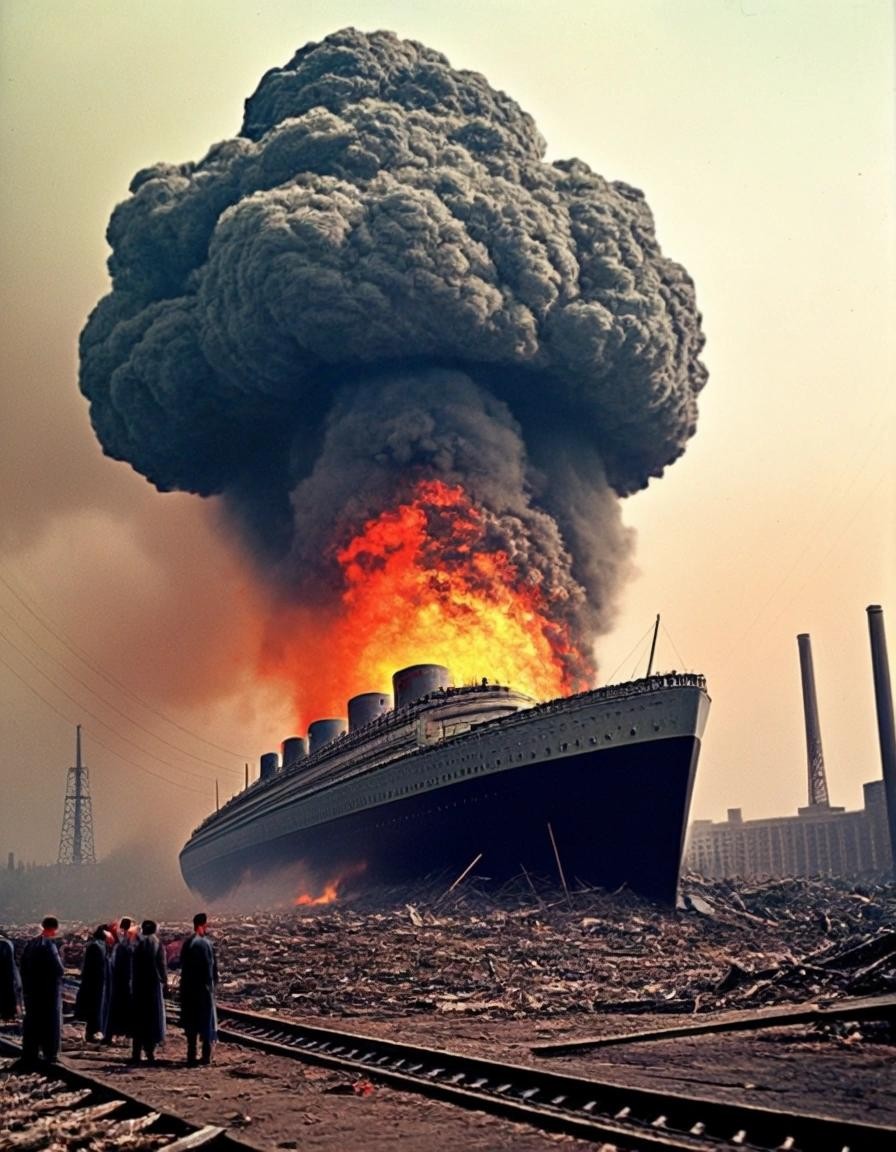 Image with seed 1205822315 generated via Stable Diffusion through @stablehorde@sigmoid.social. Prompt: a colorized version of the hindenburg disaster in a dystopic and highly stylistic manner.