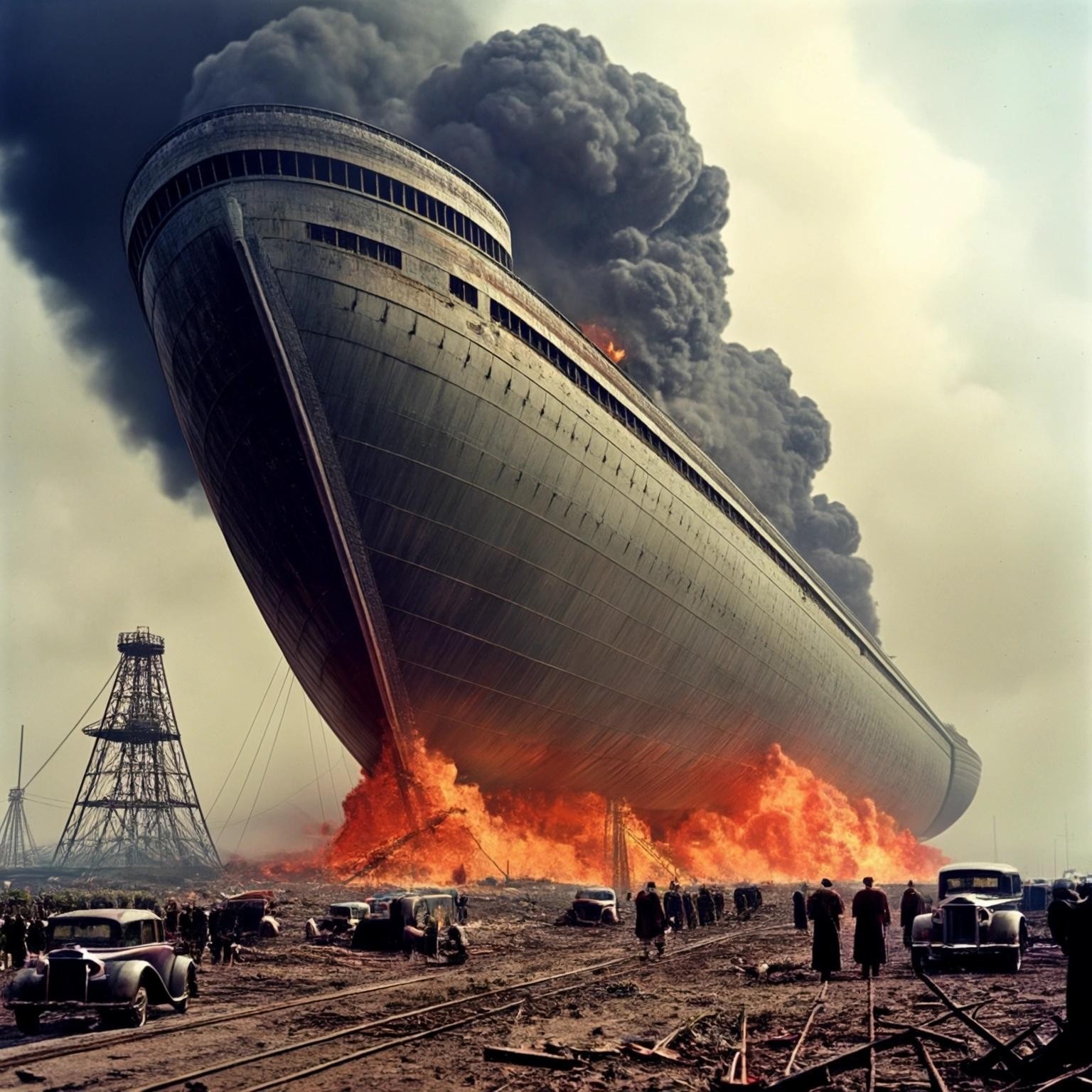 Image with seed 1457800616 generated via Stable Diffusion through @stablehorde@sigmoid.social. Prompt: a colorized version of the hindenburg disaster in a dystopic and highly stylistic manner.
