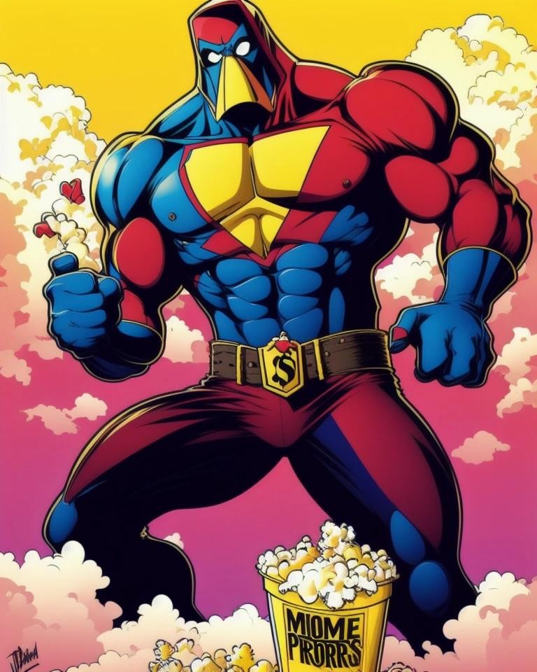 Image with seed 1498702874 generated via Stable Diffusion through @stablehorde@sigmoid.social. Prompt: In the style of Dan Mumford, porncop, a loose cannon, but dammit, he's the best we have, protecting society's popcorn from unsavory characters.