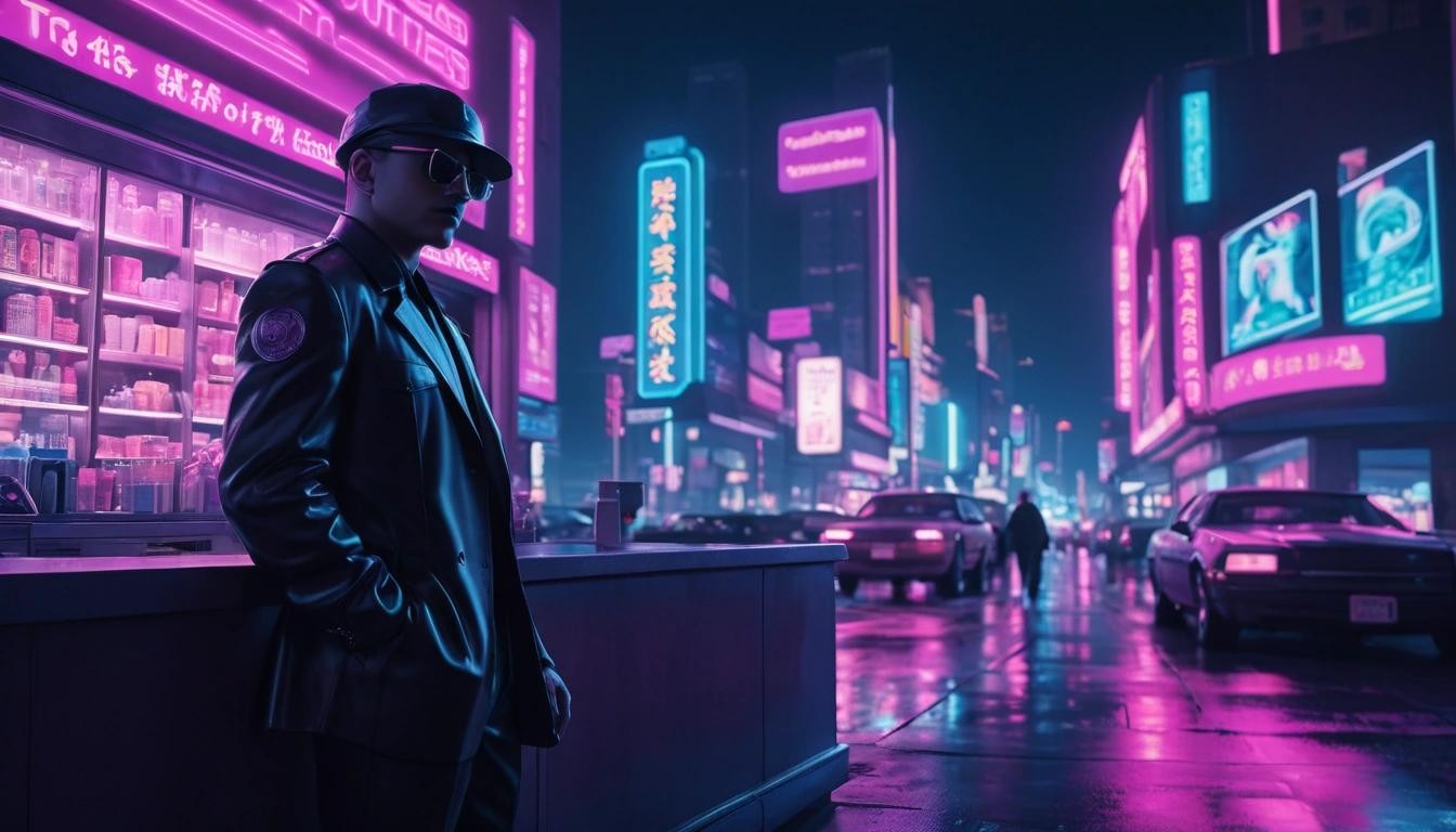 Image with seed 1851222958 generated via Stable Diffusion through @stablehorde@sigmoid.social. Prompt: vaporwave synthwave style porncop, the silent protector, protecting popcorn city from the evil of bad men, while the city, bustling and sleepless, remains blissfully unaware of the watcher in the shadows., cyberpunk, neon, vibes, stunningly beautiful, crisp, detailed, sleek, ultramodern, high contrast, cinematic composition###illustration, painting, crayon, graphite, abstract, glitch, deformed, mutated, ugly, disfigured, blurry