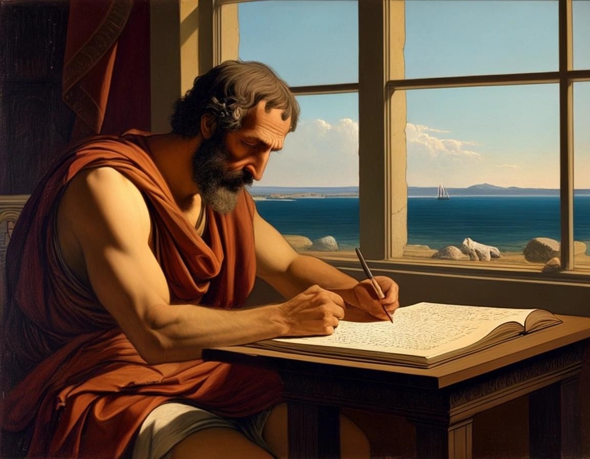 Image with seed 2832380302 generated via Stable Diffusion through @stablehorde@sigmoid.social. Prompt: homer writing the iliad in qahog, rhode island