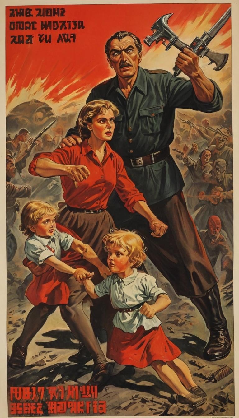 Image with seed 545851447 generated via Stable Diffusion through @stablehorde@sigmoid.social. Prompt: USSR soviet propaganda poster, a father, a mother, a son and a daughter fighting together against a horde of nazi zombies ###photorealistic, cute, modern,
