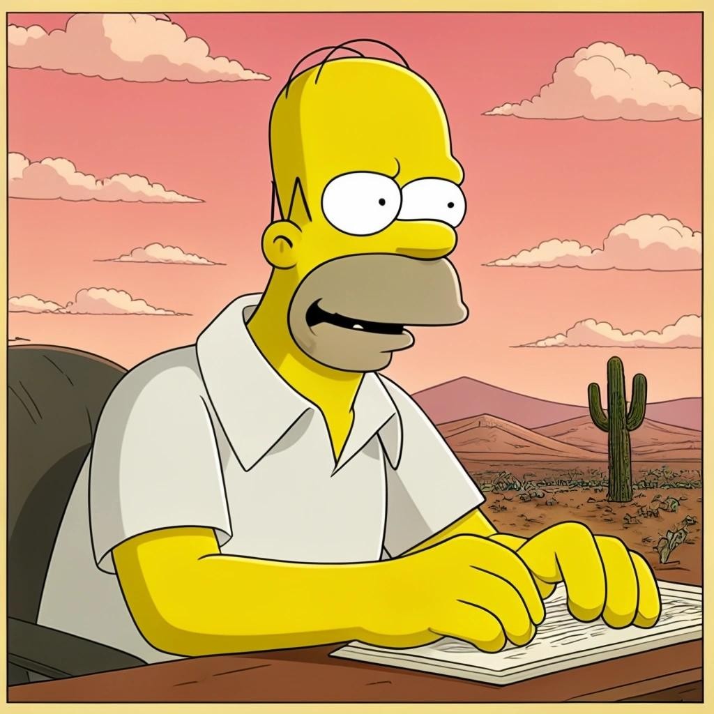 Image with seed 648874209 generated via Stable Diffusion through @stablehorde@sigmoid.social. Prompt: homer simpson in the day of the locust by nathaniel west
