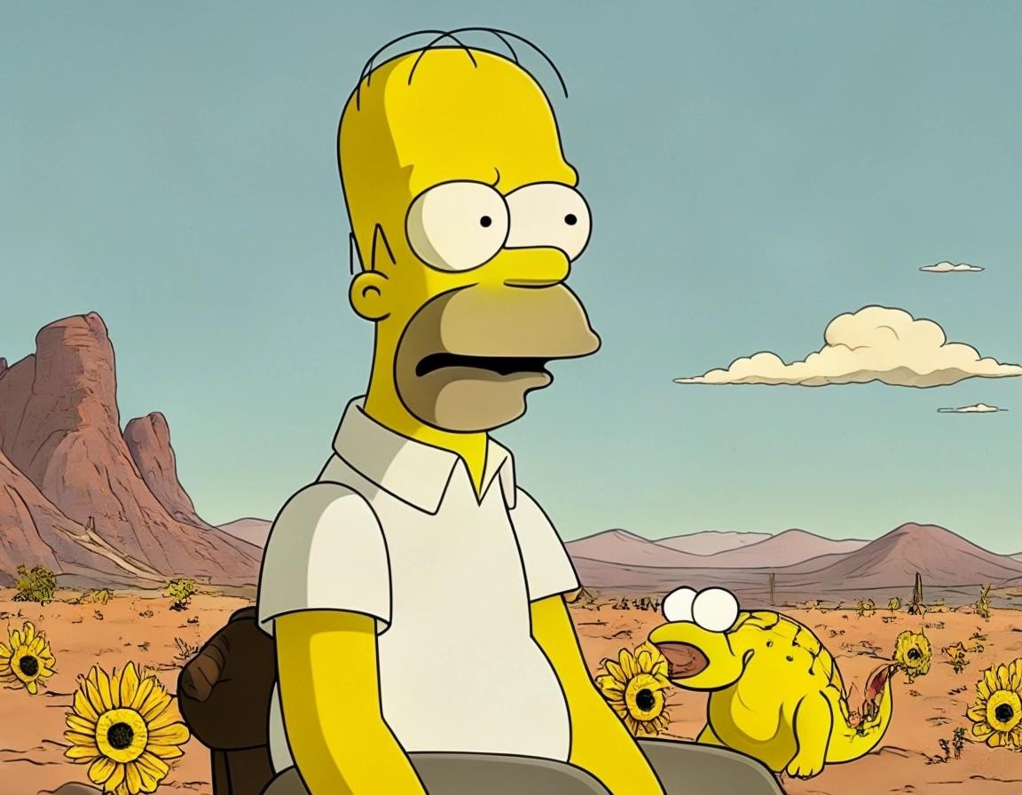 Image with seed 3077123613 generated via Stable Diffusion through @stablehorde@sigmoid.social. Prompt: homer simpson in the day of the locust by nathaniel west