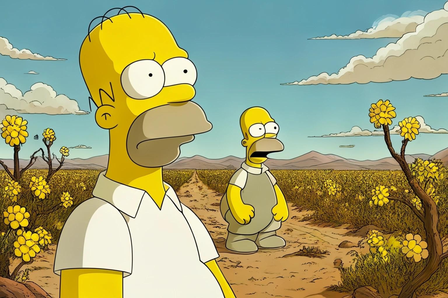 Image with seed 1718370464 generated via Stable Diffusion through @stablehorde@sigmoid.social. Prompt: homer simpson in the day of the locust by nathaniel west