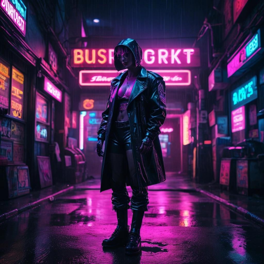 Image with seed 2454989684 generated via Stable Diffusion through @stablehorde@sigmoid.social. Prompt: neon noir porncop, the dainty defender of popcorn city's  innocence, ascending to the next level., cyberpunk, dark, rainy streets, neon signs, high contrast, low light, vibrant, highly detailed###bright, sunny, daytime, low contrast, black and white, sketch, watercolor, 