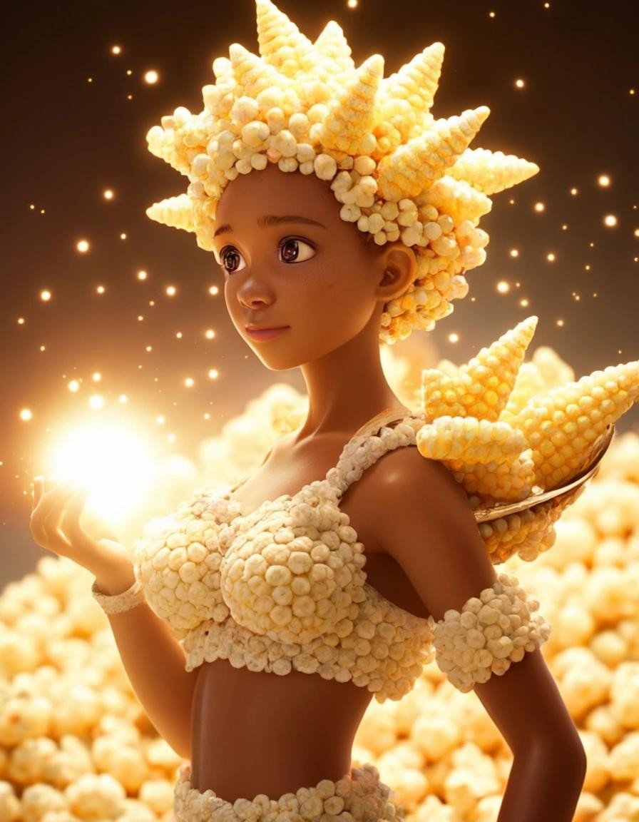 Image with seed 686195478 generated via Stable Diffusion through @stablehorde@sigmoid.social. Prompt: porncop the watchful and socially ambiguous guardian of the popcorn people showing off his magical girl transformation sequence to humor the adoring masses