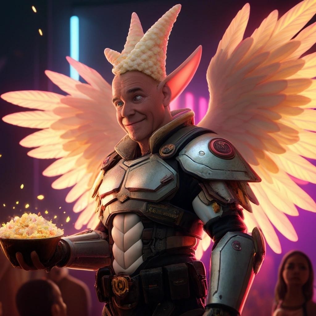 Image with seed 3364945434 generated via Stable Diffusion through @stablehorde@sigmoid.social. Prompt: porncop the watchful and socially ambiguous guardian of the popcorn people showing off his magical girl transformation sequence to humor the adoring masses
