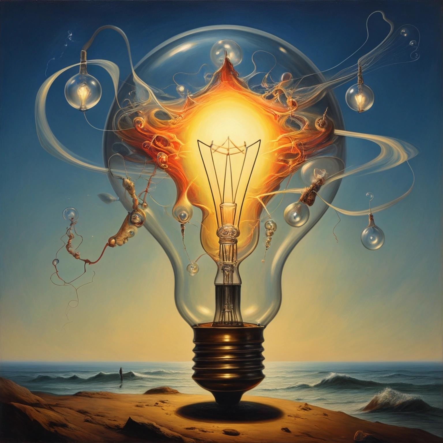 Image with seed 4236889358 generated via Stable Diffusion through @stablehorde@sigmoid.social. Prompt: Q: How many quantum physicists does it take to change a lightbulb ? A: One. Two to do it, and one to renormalise the wave function.  Salvador Dali, Max Ernst, Yves Tanguy, shaun tan