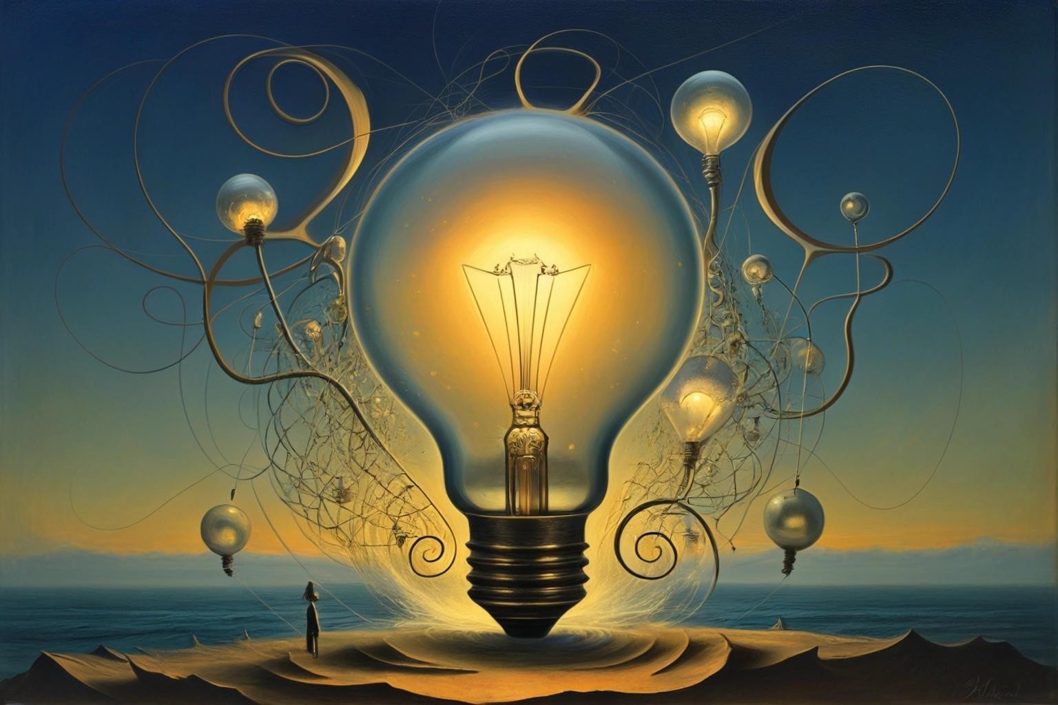 Image with seed 3055127784 generated via Stable Diffusion through @stablehorde@sigmoid.social. Prompt: Q: How many quantum physicists does it take to change a lightbulb ? A: One. Two to do it, and one to renormalise the wave function.  Salvador Dali, Max Ernst, Yves Tanguy, shaun tan