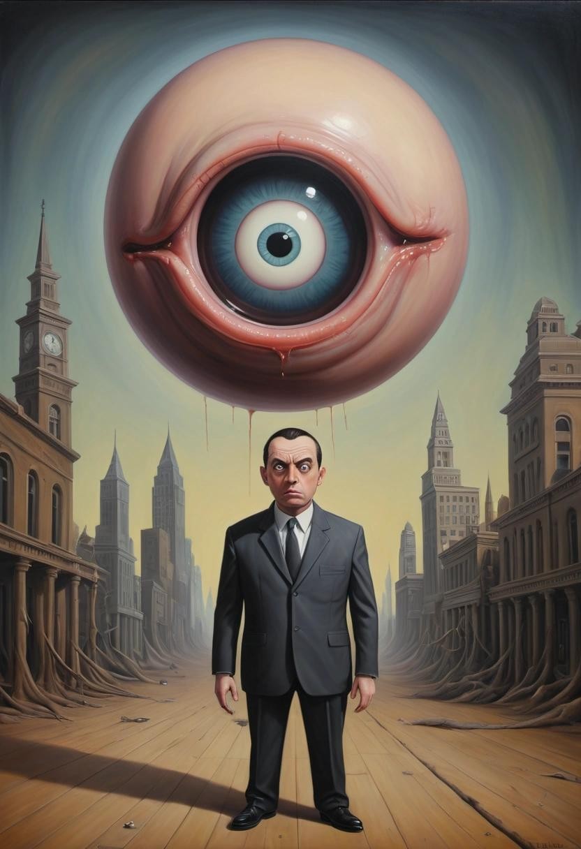 Image with seed 2430568199 generated via Stable Diffusion through @stablehorde@sigmoid.social. Prompt: oil on canvas, surrealism, a man with a single giant eyeball instead of a head wearing a suit, standing in a surreal bureaucratic dada nightmare 