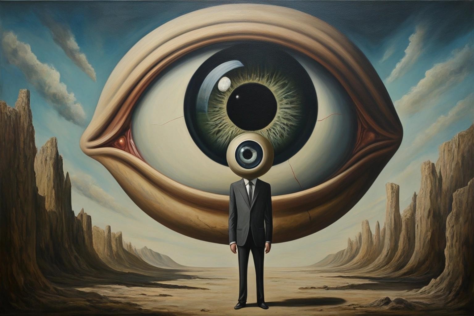 Image with seed 2413135533 generated via Stable Diffusion through @stablehorde@sigmoid.social. Prompt: oil on canvas, surrealism, a man with a single giant eyeball instead of a head wearing a suit, standing in a surreal bureaucratic dada nightmare