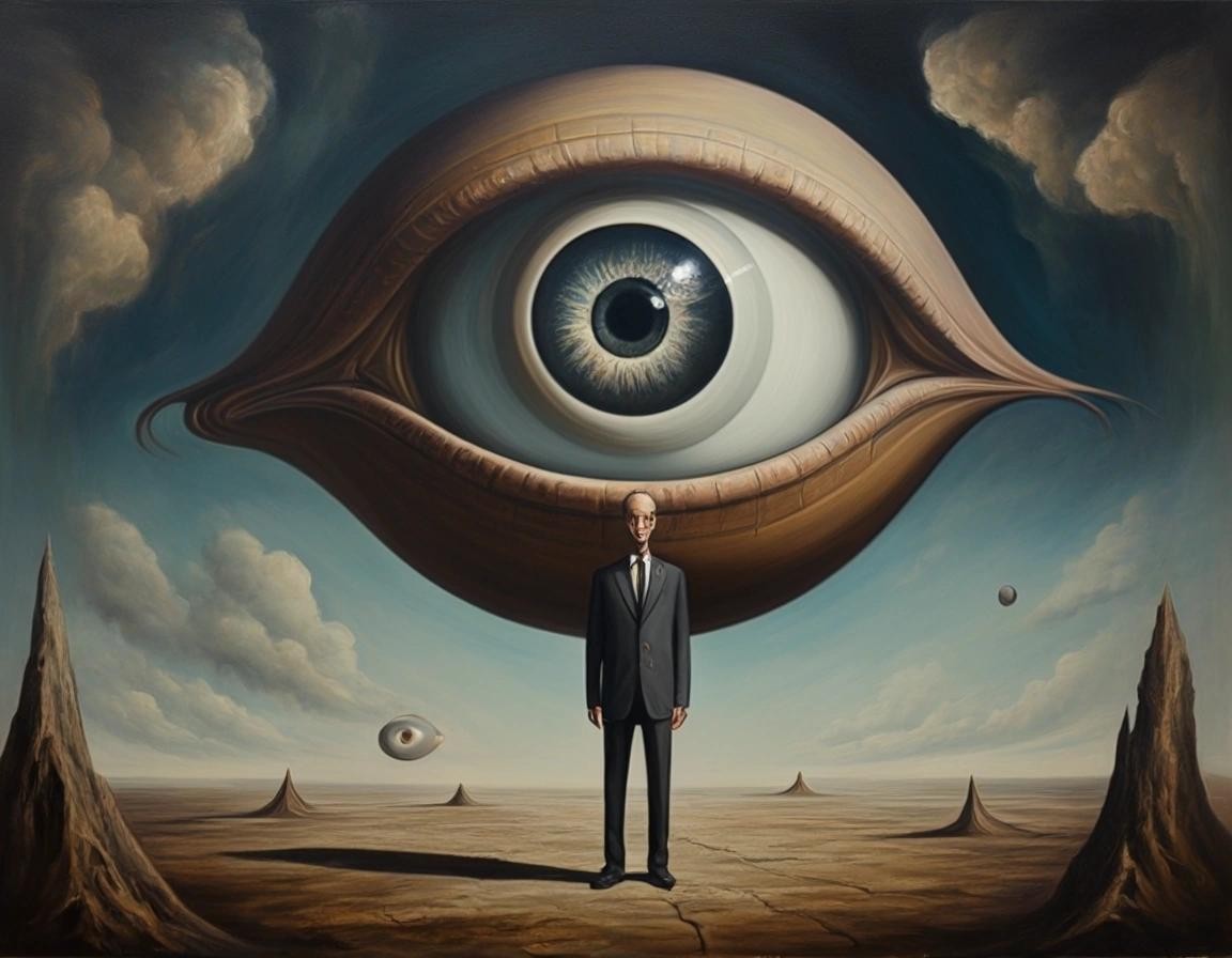 Image with seed 976718775 generated via Stable Diffusion through @stablehorde@sigmoid.social. Prompt: oil on canvas, surrealism, a man with a single giant eyeball instead of a head wearing a suit, standing in a surreal bureaucratic dada nightmare