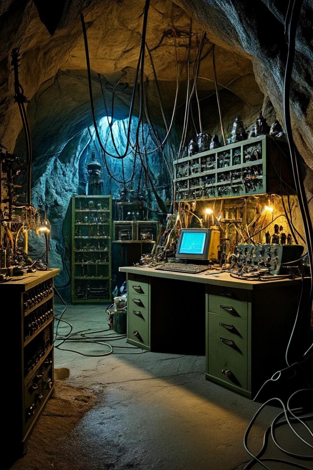 Image with seed 270283122 generated via Stable Diffusion through @stablehorde@sigmoid.social. Prompt: frankenstein's laboratory inside a cave with lots of electrical equipment.