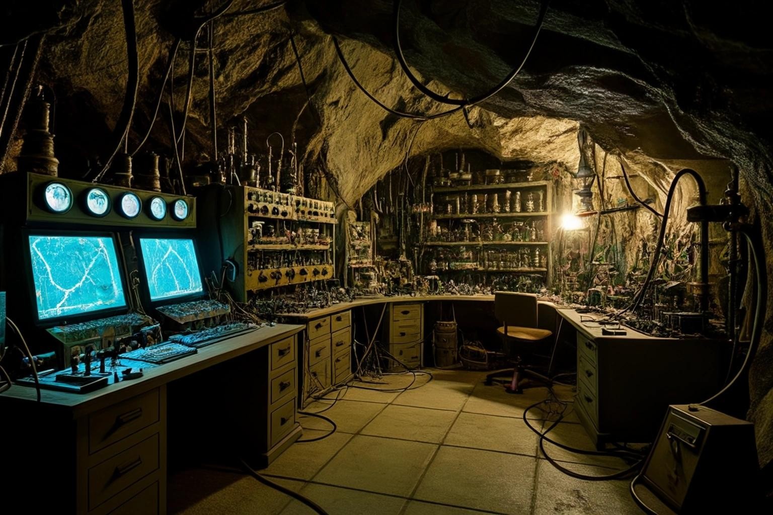 Image with seed 733464236 generated via Stable Diffusion through @stablehorde@sigmoid.social. Prompt: frankenstein's laboratory inside a cave with lots of electrical equipment.