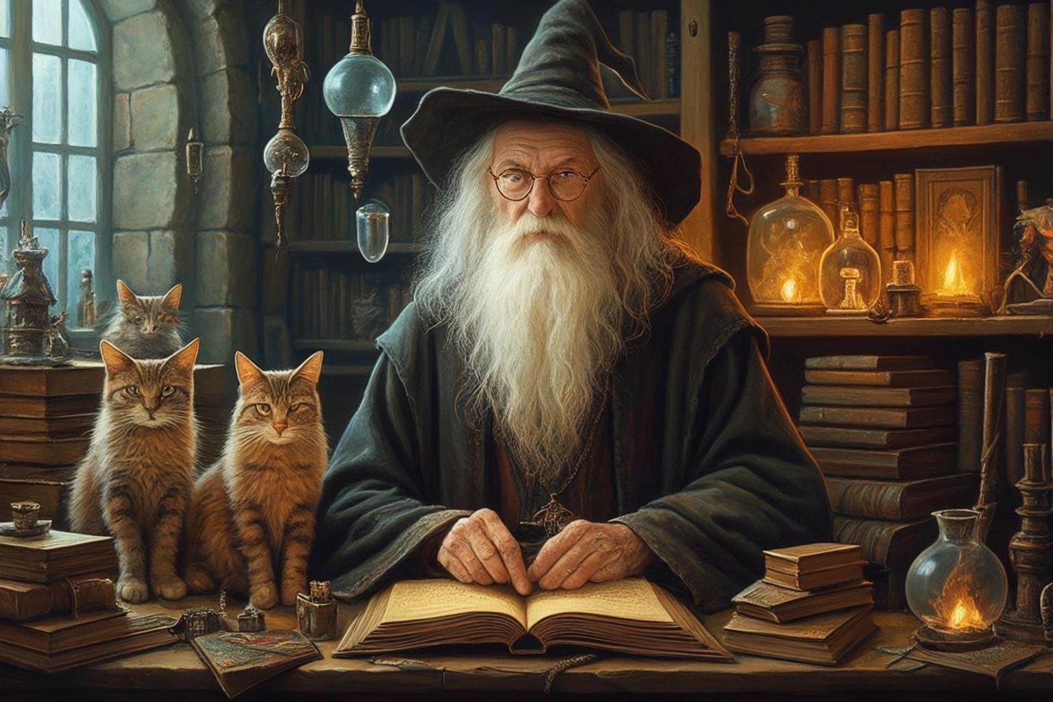 Image with seed 2153635598 generated via Stable Diffusion through @stablehorde@sigmoid.social. Prompt: Old wizard with his cats in his laboratory, books, tools, magical artifacts, Gandalf, cat art