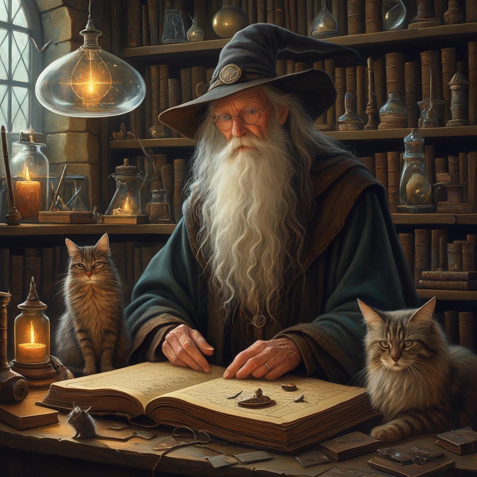 Image with seed 3816210376 generated via Stable Diffusion through @stablehorde@sigmoid.social. Prompt: Old wizard with his cats in his laboratory, books, tools, magical artifacts, Gandalf, cat art