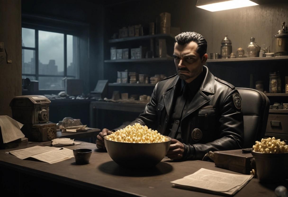 Image with seed 1554534928 generated via Stable Diffusion through @stablehorde@sigmoid.social. Prompt: dystopian style porncop, the watchful protector of popcorn city, brooding in his lair in effectful dramatic lighting, with a bowl of fresh popcorn on his desk . bleak, post-apocalyptic, somber, dramatic, highly detailed###,ugly, deformed, noisy, blurry, low contrast, cheerful, optimistic, vibrant, colorful