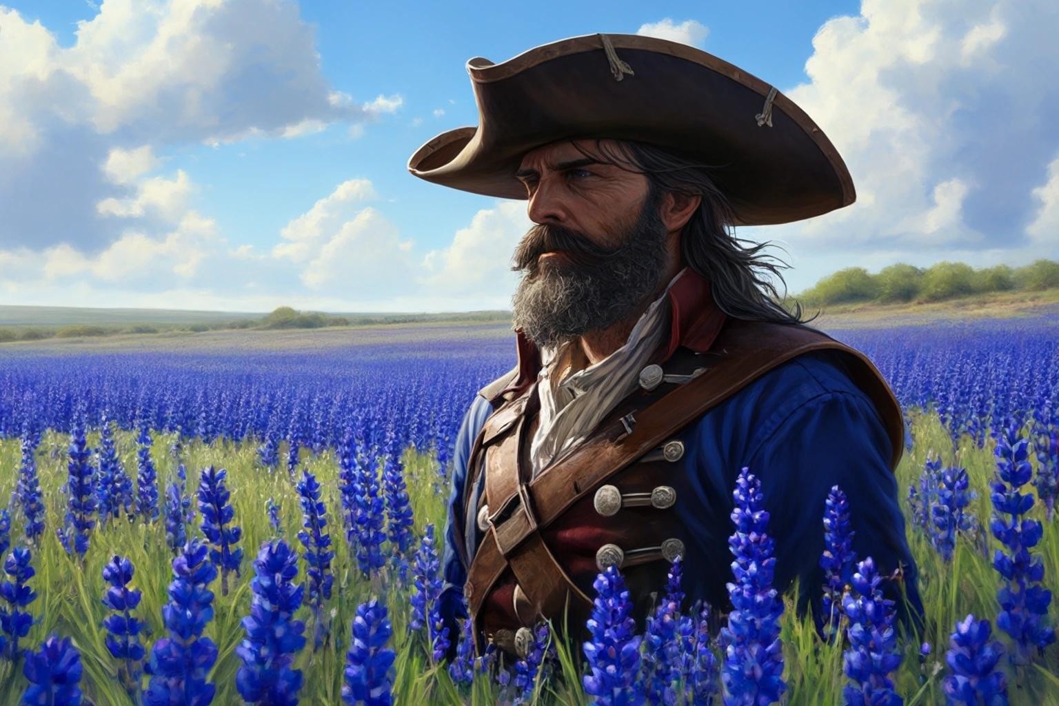 Image with seed 1332955106 generated via Stable Diffusion through @stablehorde@sigmoid.social. Prompt: a pirate captain standing heroically in a field of bluebonnets.