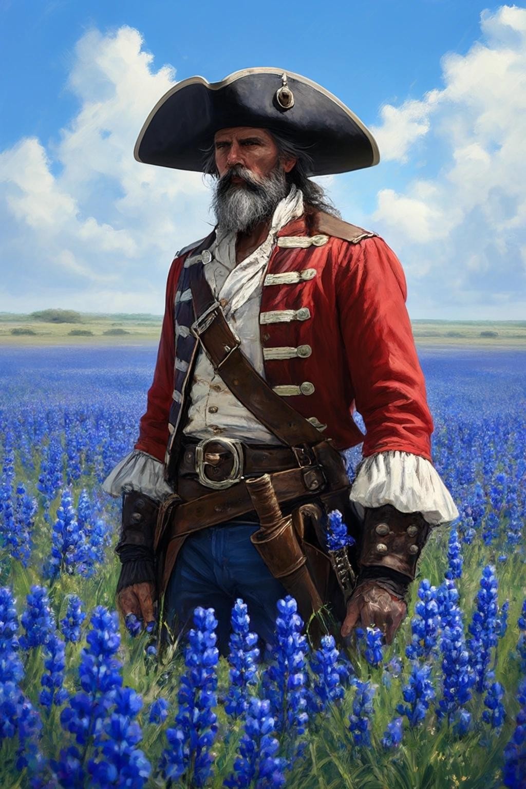 Image with seed 2380149462 generated via Stable Diffusion through @stablehorde@sigmoid.social. Prompt: a pirate captain standing heroically in a field of bluebonnets.
