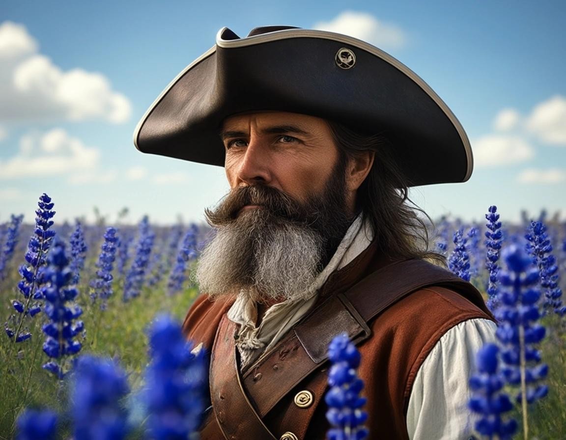 Image with seed 2207293246 generated via Stable Diffusion through @stablehorde@sigmoid.social. Prompt: a pirate captain standing heroically in a field of bluebonnets.