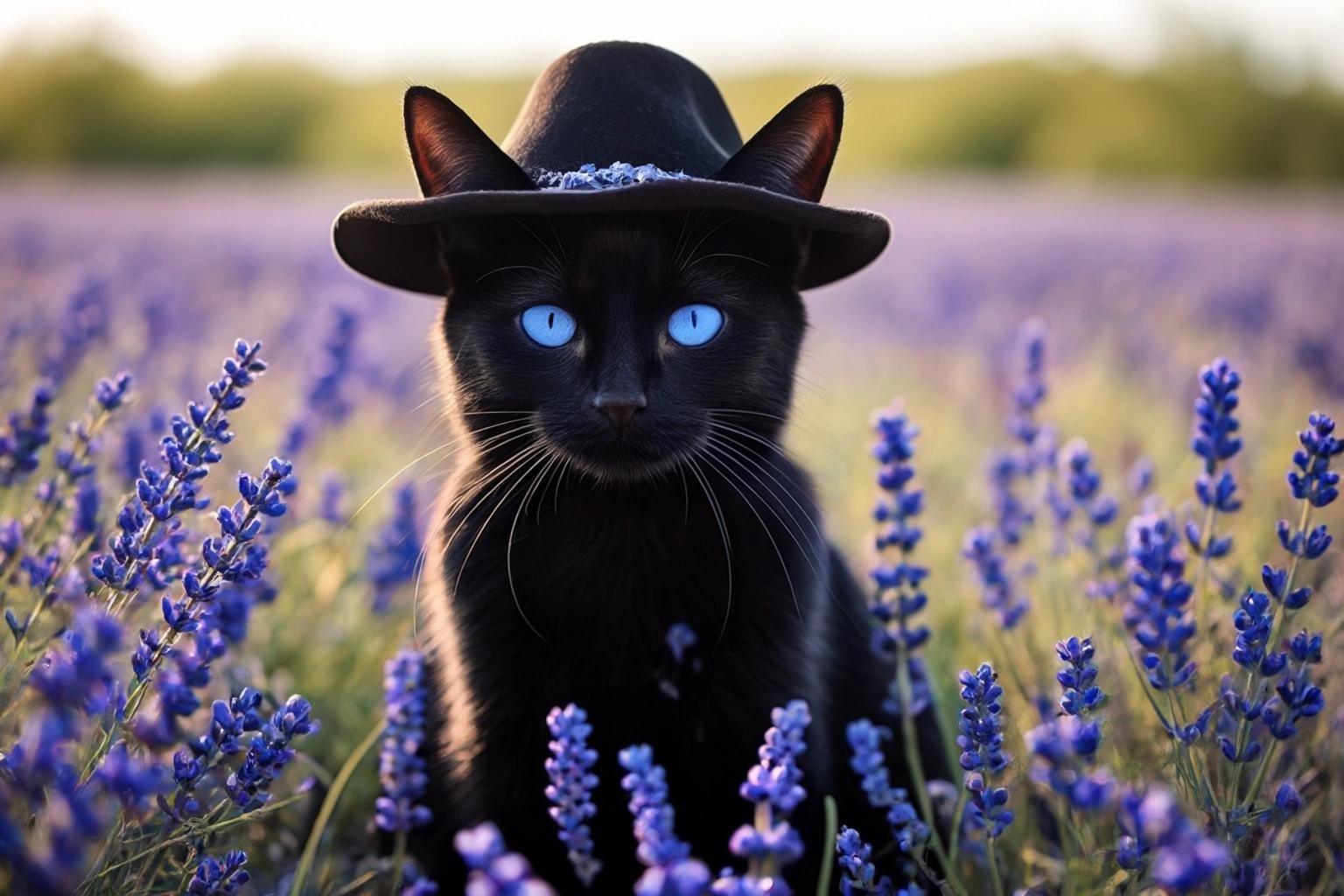 Image with seed 2051382375 generated via Stable Diffusion through @stablehorde@sigmoid.social. Prompt: a black cat wearing a pirate hat sitting heroically in a field of bluebonnets.