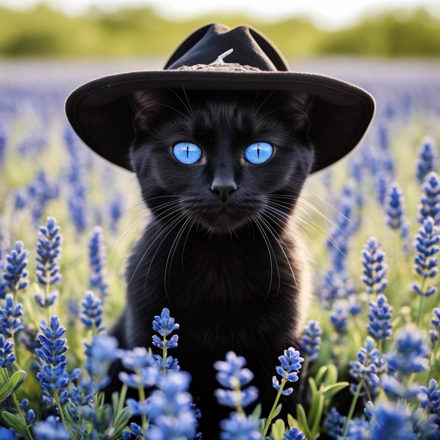 Image with seed 3334821353 generated via Stable Diffusion through @stablehorde@sigmoid.social. Prompt: a black cat wearing a pirate hat sitting heroically in a field of bluebonnets.