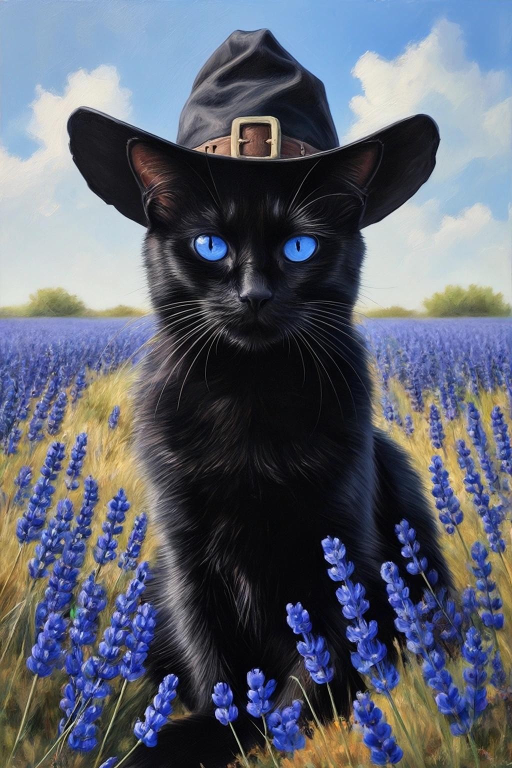 Image with seed 2768830357 generated via Stable Diffusion through @stablehorde@sigmoid.social. Prompt: a black cat wearing a pirate hat sitting heroically in a field of bluebonnets.