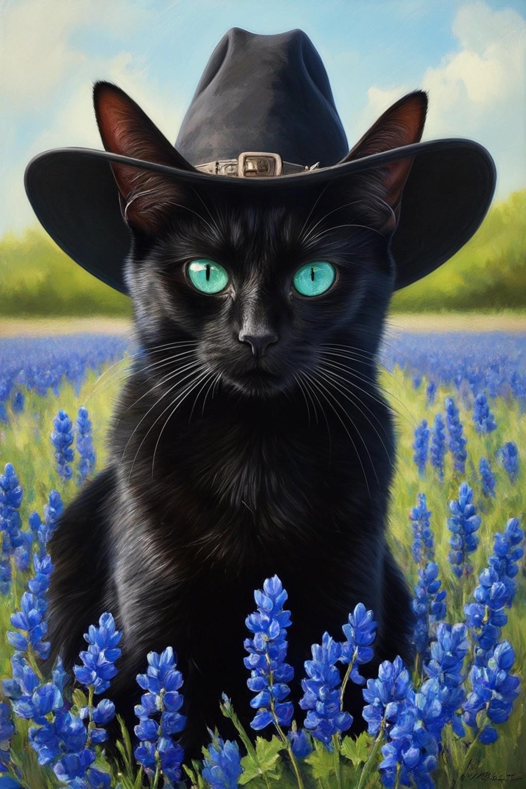 Image with seed 1134898136 generated via Stable Diffusion through @stablehorde@sigmoid.social. Prompt: a black cat with green eyes wearing a tricorn hat sitting heroically in a field of bluebonnets.
