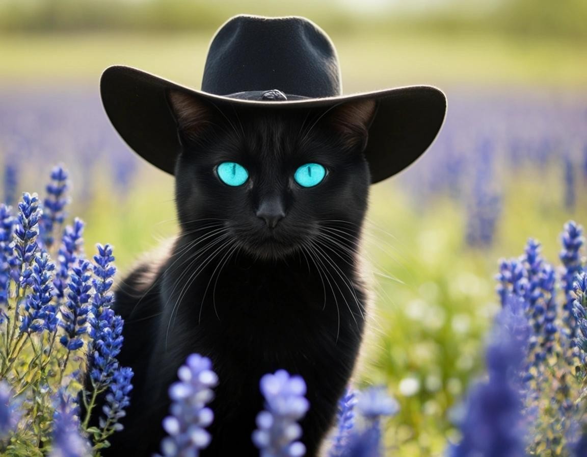 Image with seed 119165229 generated via Stable Diffusion through @stablehorde@sigmoid.social. Prompt: a black cat with green eyes wearing a tricorn hat sitting heroically in a field of bluebonnets.