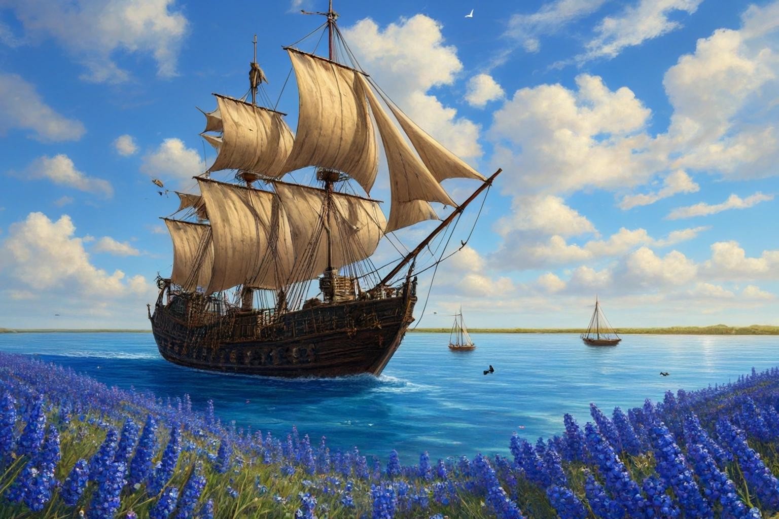Image with seed 991311034 generated via Stable Diffusion through @stablehorde@sigmoid.social. Prompt: a pirate ship crewed by cats sailing across a sea of bluebonnets.