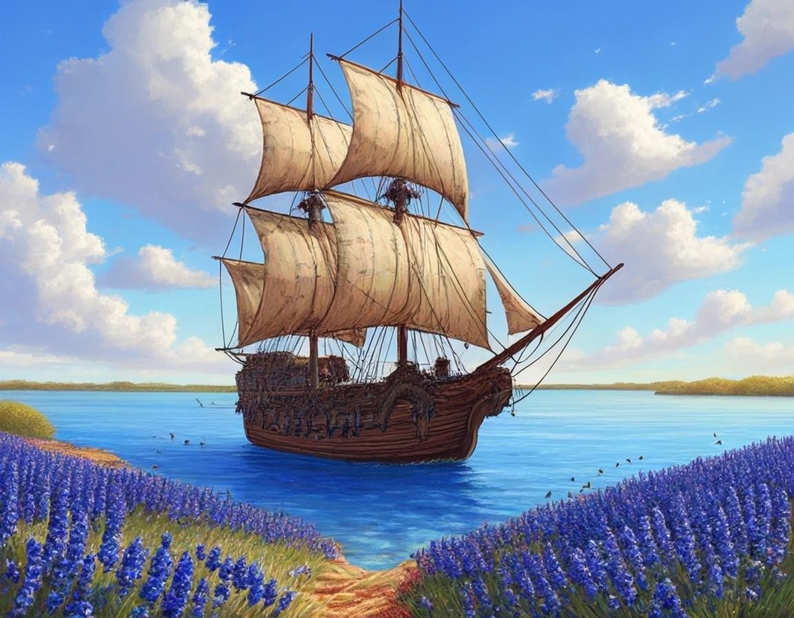 Image with seed 2810914540 generated via Stable Diffusion through @stablehorde@sigmoid.social. Prompt: a pirate ship crewed by cats sailing across a sea of bluebonnets.