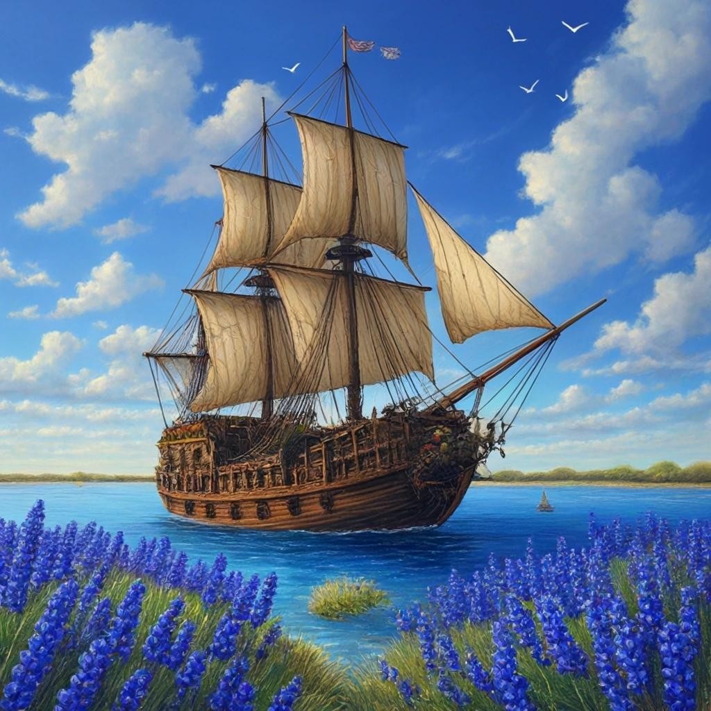 Image with seed 2324404306 generated via Stable Diffusion through @stablehorde@sigmoid.social. Prompt: a pirate ship crewed by cats sailing across a sea of bluebonnets.