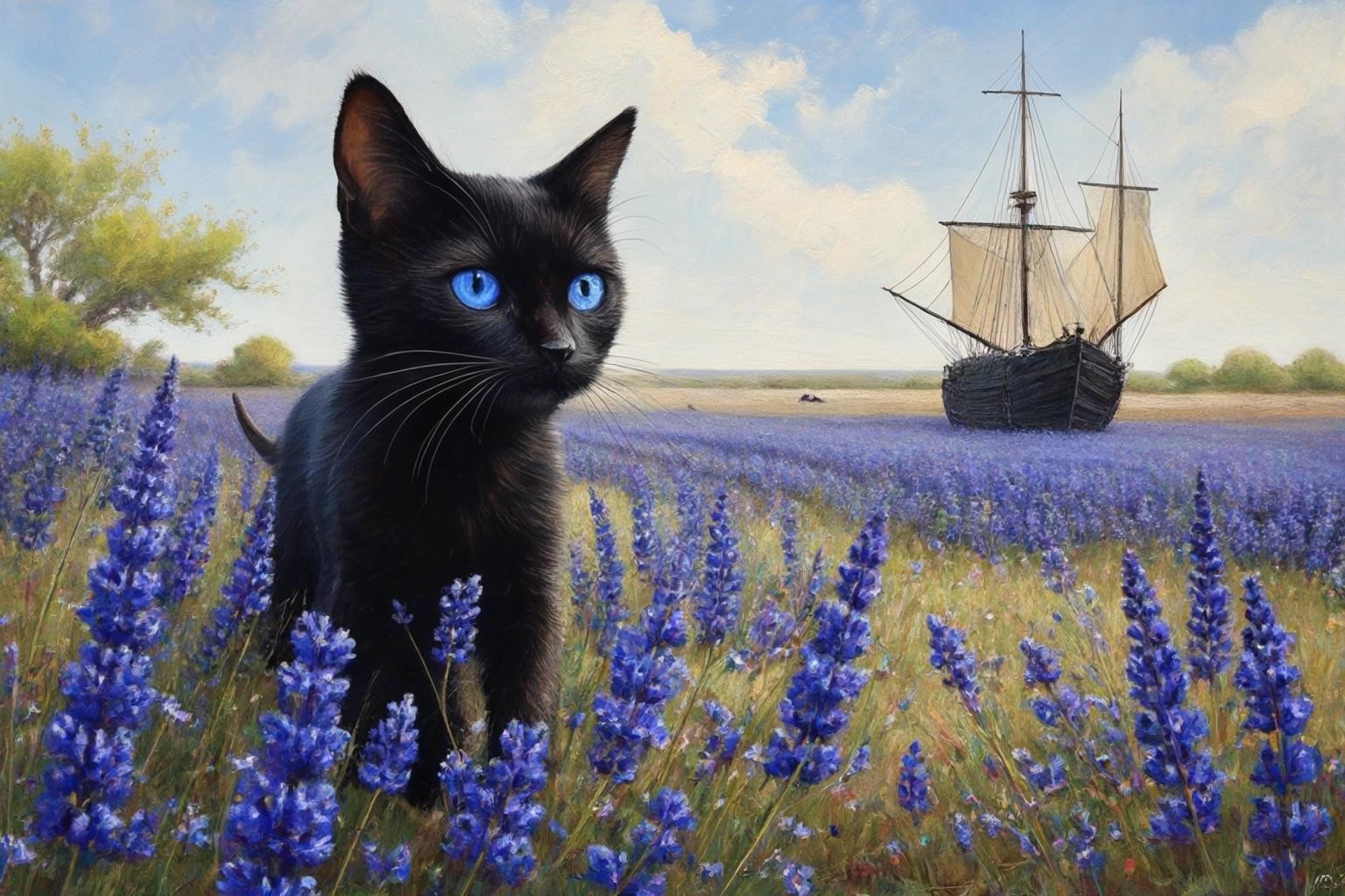Image with seed 3280997608 generated via Stable Diffusion through @stablehorde@sigmoid.social. Prompt: a black cat sailing a pirate ship through a field of bluebonnets.