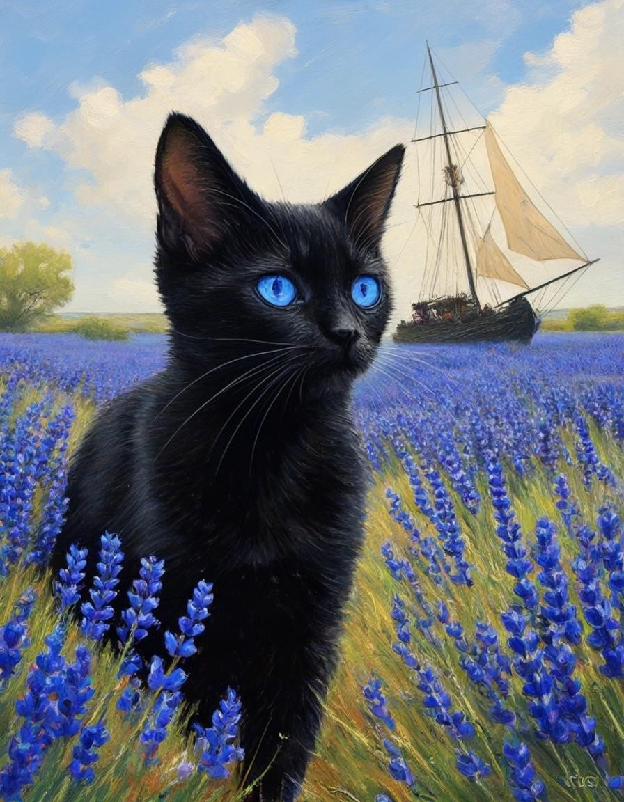 Image with seed 2793007209 generated via Stable Diffusion through @stablehorde@sigmoid.social. Prompt: a black cat sailing a pirate ship through a field of bluebonnets.