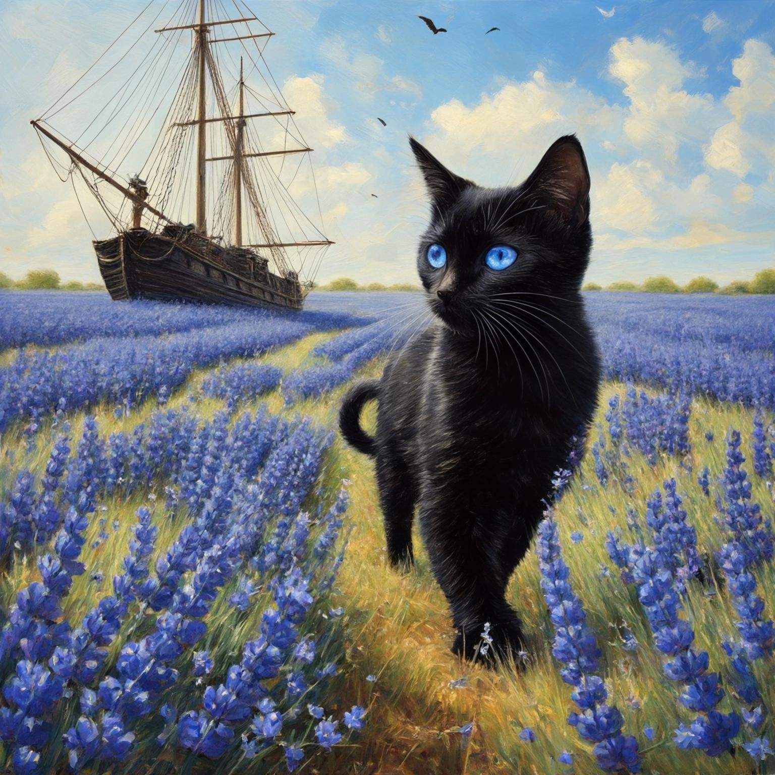 Image with seed 2378944411 generated via Stable Diffusion through @stablehorde@sigmoid.social. Prompt: a black cat sailing a pirate ship through a field of bluebonnets.