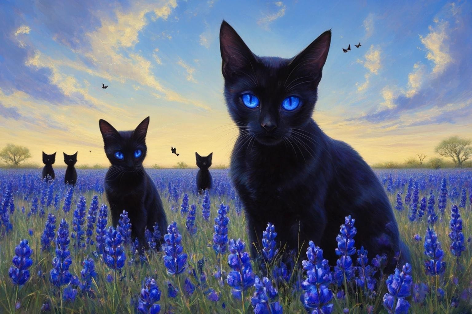 Image with seed 3906729547 generated via Stable Diffusion through @stablehorde@sigmoid.social. Prompt: a bluebonnet djinn summoning black cats in a bluebonnet field.