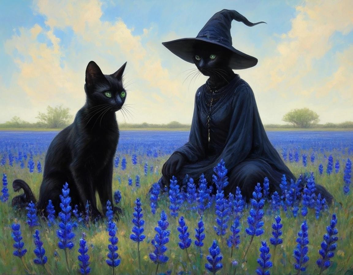Image with seed 4150901814 generated via Stable Diffusion through @stablehorde@sigmoid.social. Prompt: a bluebonnet djinn summoning black cats in a bluebonnet field.
