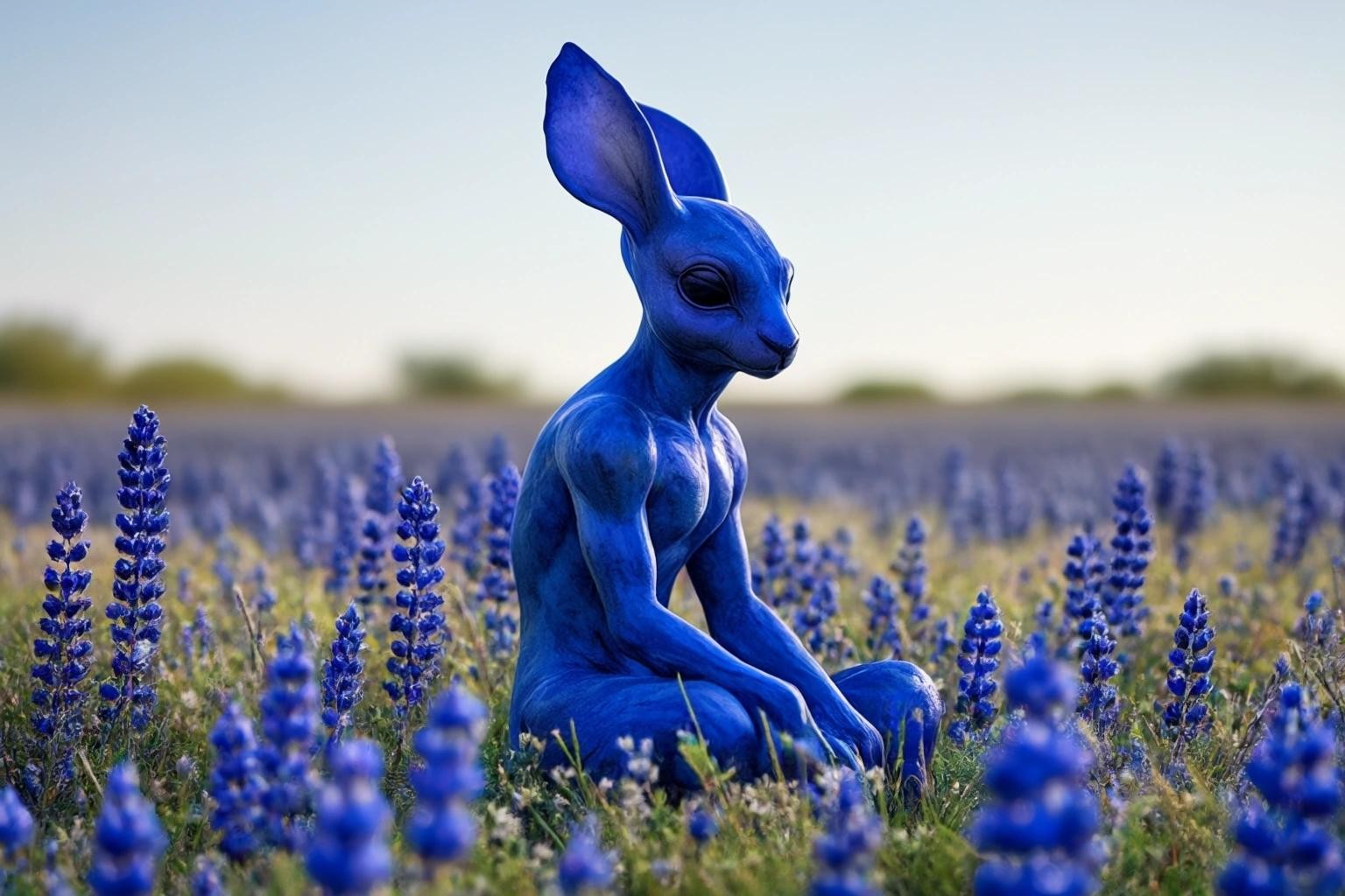 Image with seed 168240899 generated via Stable Diffusion through @stablehorde@sigmoid.social. Prompt: a bluebonnet djinn sitting heroically in a field of bluebonnets.