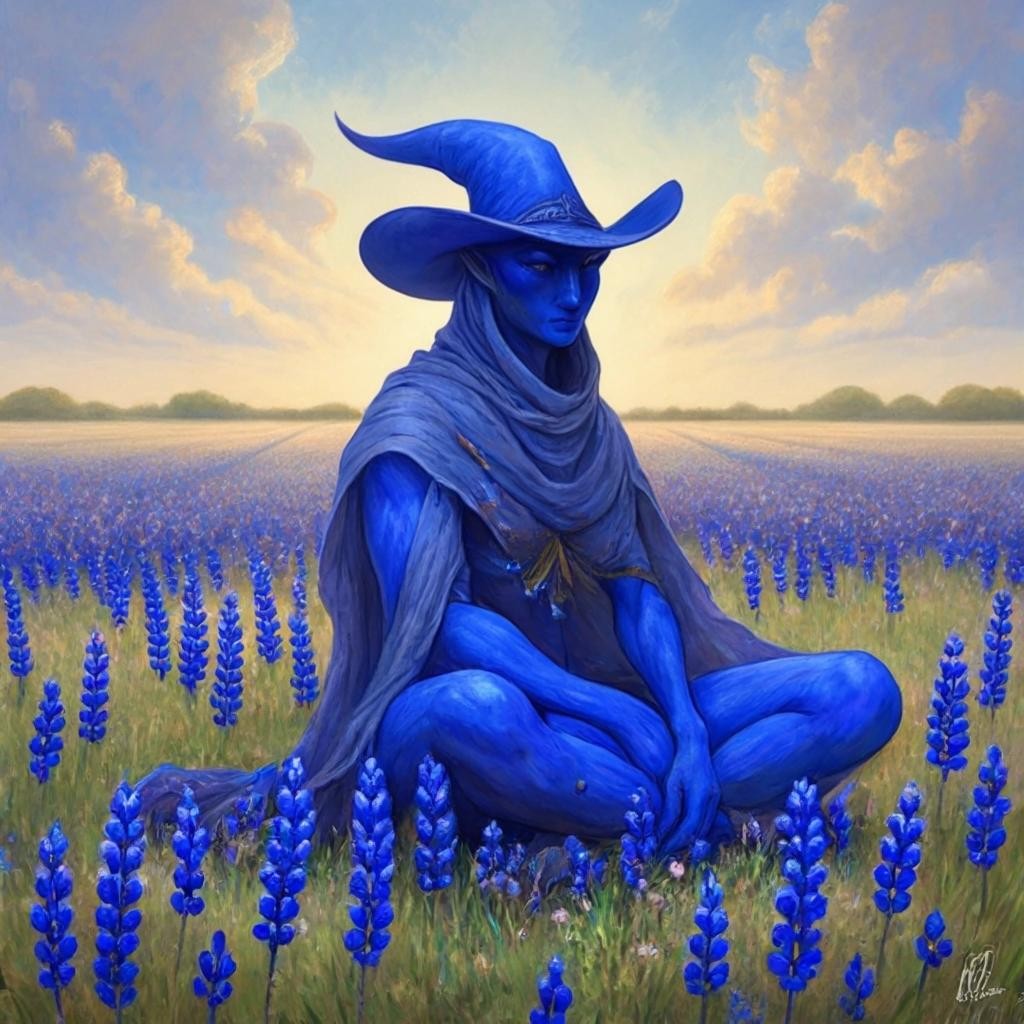 Image with seed 4263218076 generated via Stable Diffusion through @stablehorde@sigmoid.social. Prompt: a bluebonnet djinn sitting heroically in a field of bluebonnets.