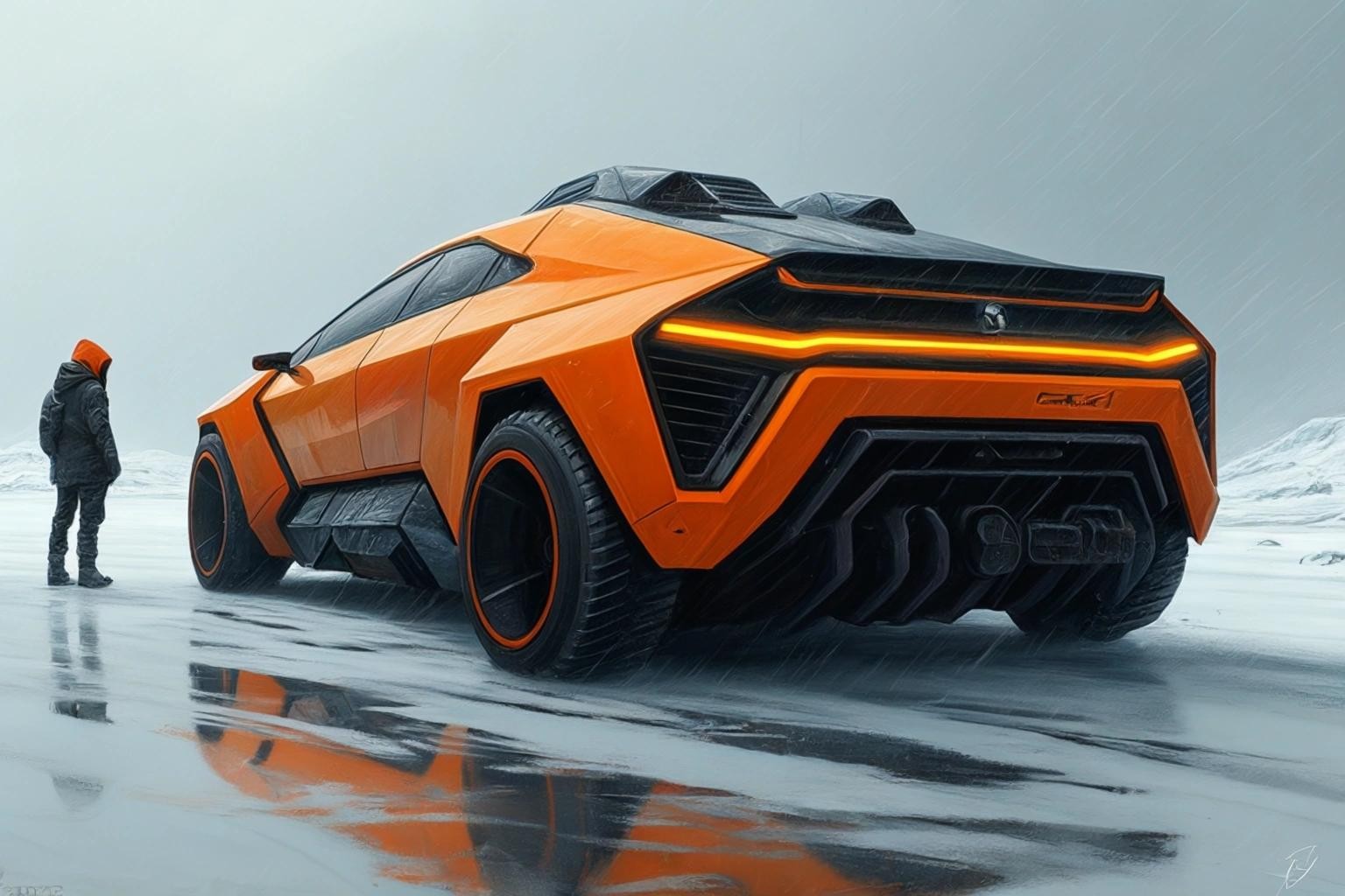 Image with seed 2753737278 generated via Stable Diffusion through @stablehorde@sigmoid.social. Prompt: draw Orange futuristic vehicle in focus, person standing diagonally behind the car, industrial look, ice world, dystopia, cold, gloomy atmosphere, people wearing storm masks, high-end workwear clothing in black, Carhatt, Kangol, Russell, Bisley, futuristic, realistic shooting