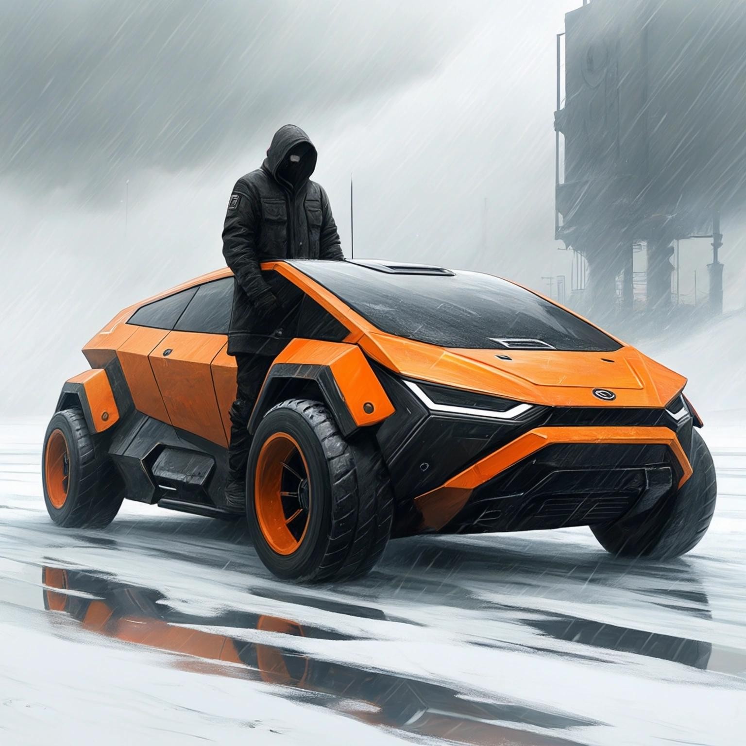 Image with seed 683051610 generated via Stable Diffusion through @stablehorde@sigmoid.social. Prompt: draw Orange futuristic vehicle in focus, person standing diagonally behind the car, industrial look, ice world, dystopia, cold, gloomy atmosphere, people wearing storm masks, high-end workwear clothing in black, Carhatt, Kangol, Russell, Bisley, futuristic, realistic shooting