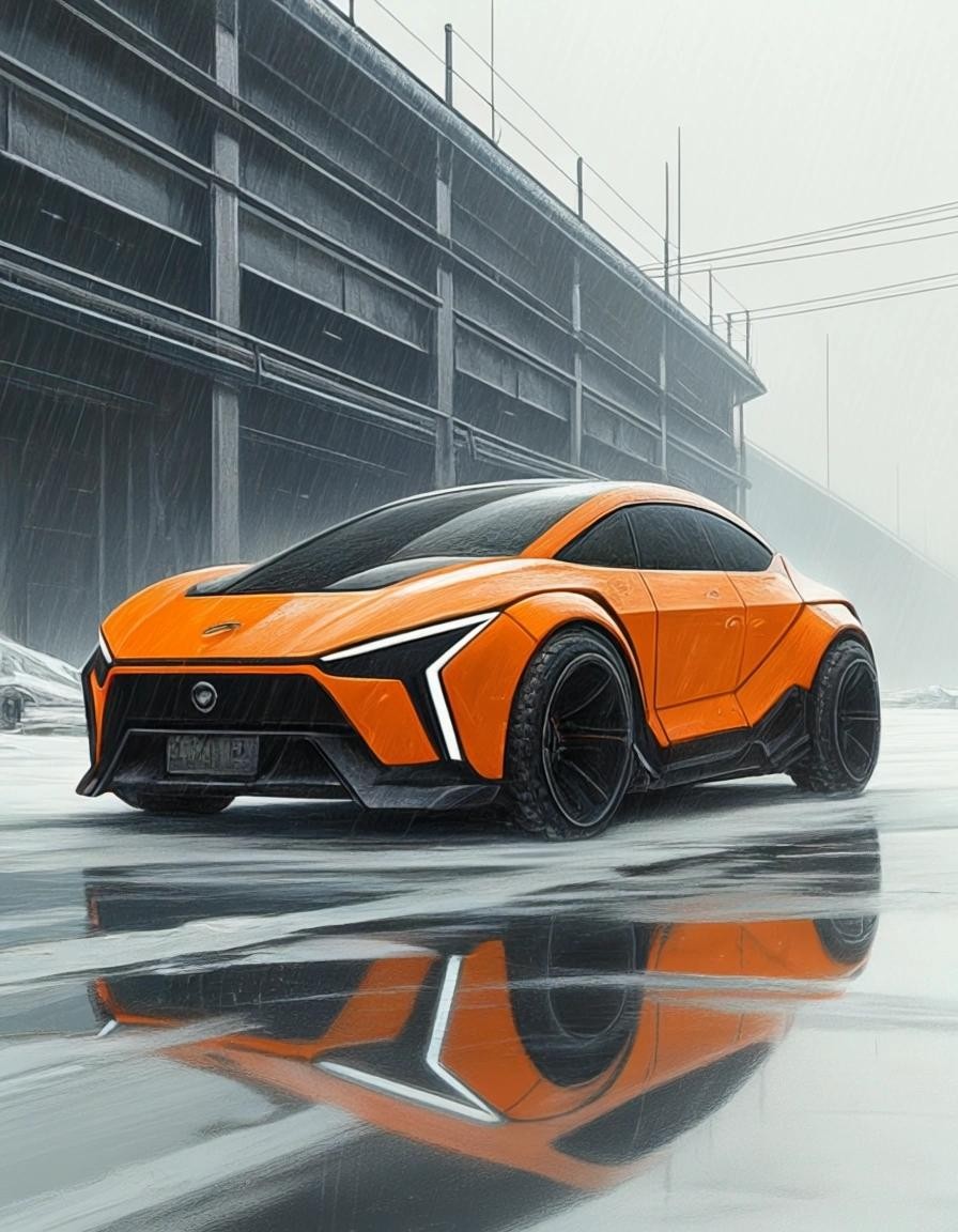 Image with seed 615570736 generated via Stable Diffusion through @stablehorde@sigmoid.social. Prompt: draw Orange futuristic vehicle in focus, person standing diagonally behind the car, industrial look, ice world, dystopia, cold, gloomy atmosphere, people wearing storm masks, high-end workwear clothing in black, Carhatt, Kangol, Russell, Bisley, futuristic, realistic shooting