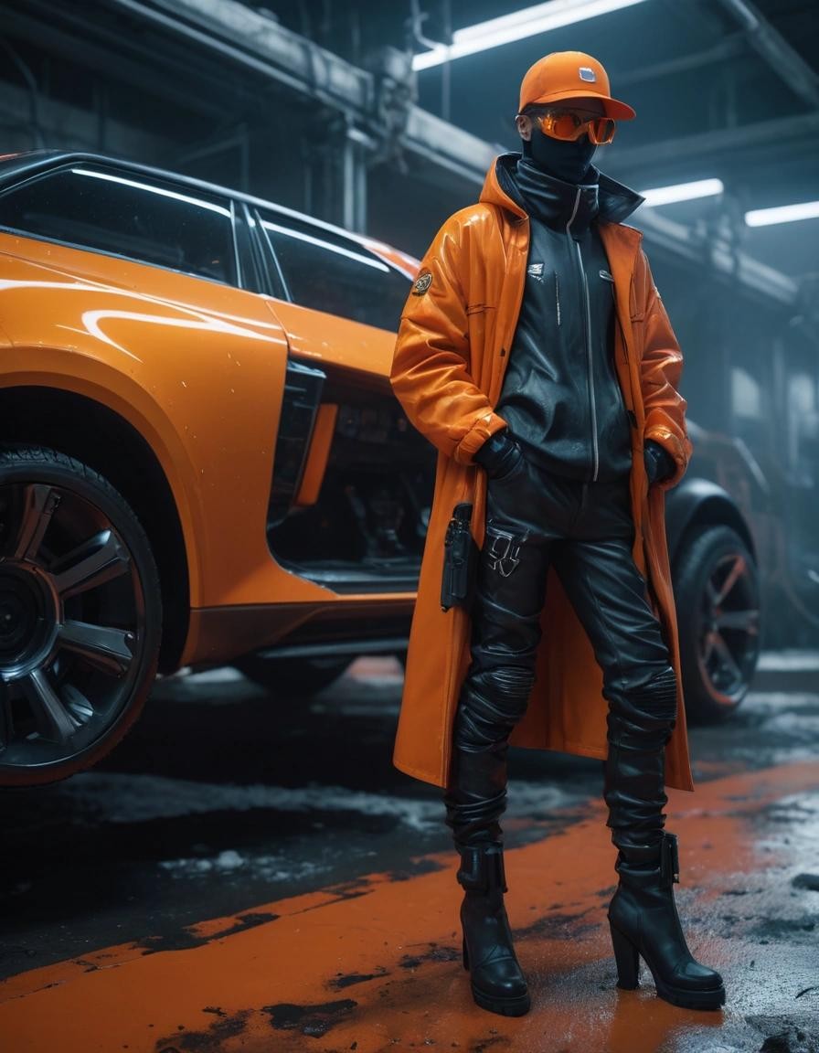 Image with seed 2151553668 generated via Stable Diffusion through @stablehorde@sigmoid.social. Prompt: photograph of a Fashion model, draw Orange futuristic vehicle in focus, person standing diagonally behind the car, industrial look, ice world, dystopia, cold, gloomy atmosphere, people wearing storm masks, high-end workwear clothing in black, Carhatt, Kangol, Russell, Bisley, futuristic, realistic shooting, full body, highly detailed and intricate, vibrant colors, hyper maximalist, futuristic, luxury, elite, cinematic, fashion, depth of field, colorful, glow, trending on artstation, ultra realistic, cinematic lighting, focused, 8k, (golden ratio:0.7)###