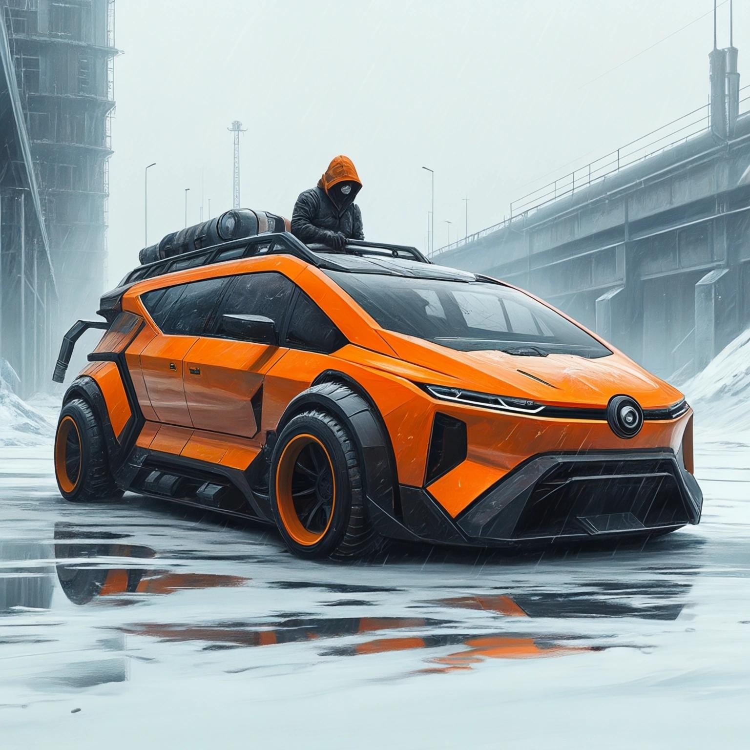 Image with seed 33612426 generated via Stable Diffusion through @stablehorde@sigmoid.social. Prompt: draw Orange futuristic vehicle in focus, person standing diagonally behind the car, industrial look, ice world, dystopia, cold, gloomy atmosphere, people wearing storm masks, high-end workwear clothing in black, Carhatt, Kangol, Russell, Bisley, futuristic, realistic shooting