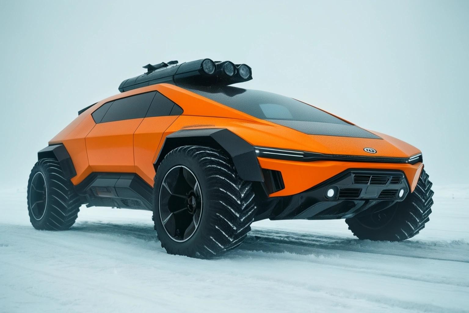 Image with seed 2573585253 generated via Stable Diffusion through @stablehorde@sigmoid.social. Prompt: Orange futuristic vehicle in focus, person standing diagonally behind the car, industrial look, ice world, dystopia, cold, gloomy atmosphere, people wearing storm masks, high-end workwear clothing in black, Carhatt, Kangol, Russell, Bisley, futuristic, realistic shooting###watermark,signature,low quality