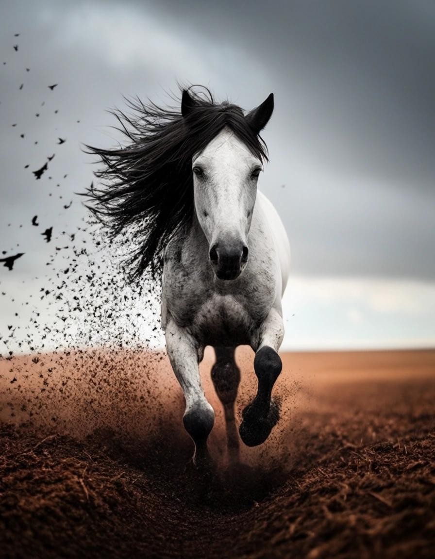 Image with seed 2455511361 generated via Stable Diffusion through @stablehorde@sigmoid.social. Prompt: you may see horses try to fly, a dog with periwinkle eyes, but peppered earth with chunks of sky, now there’s a sight worth seeing